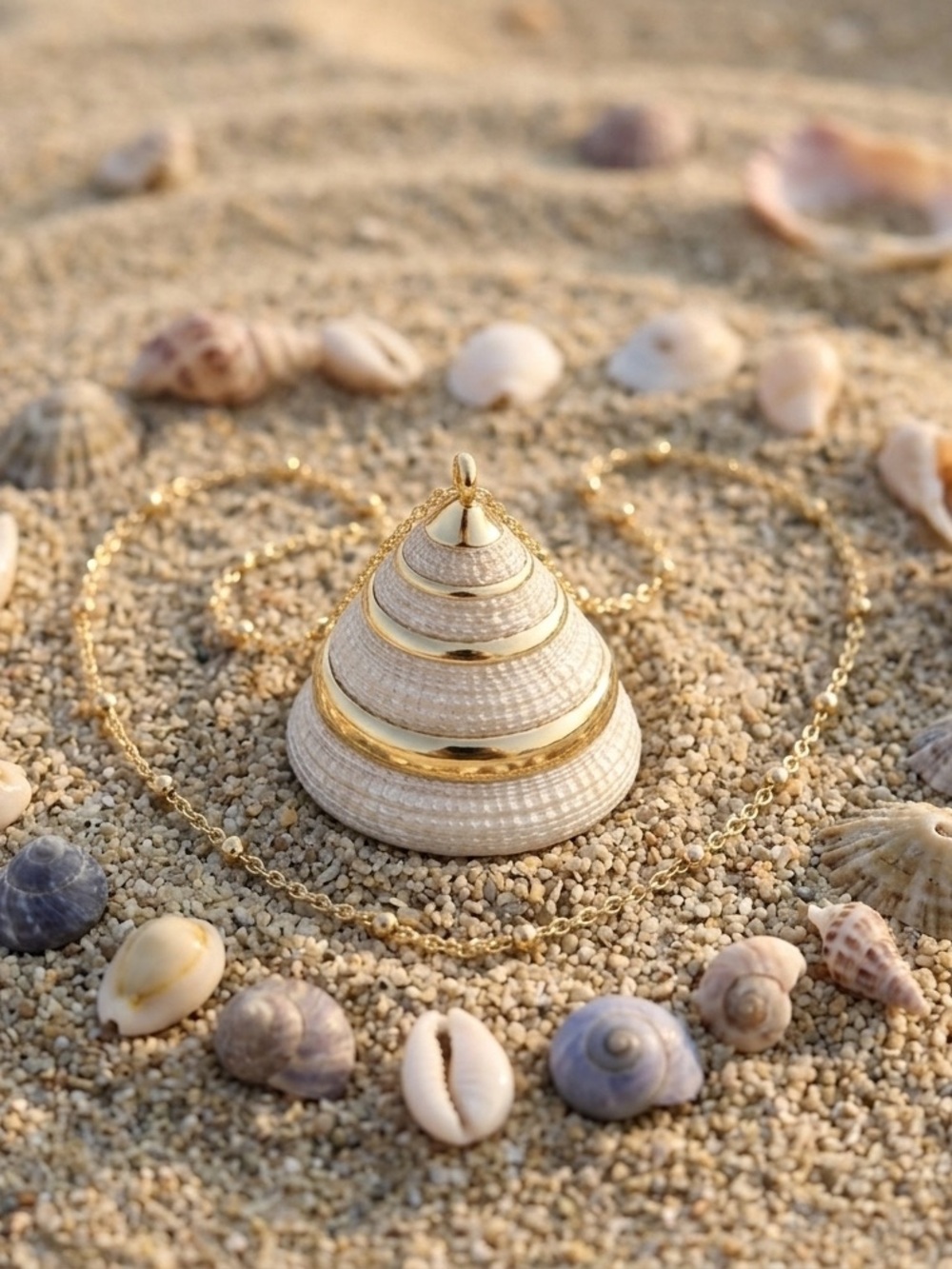 “Trochus” Troca Cone Snail Pearlescent Spiral Gold Dipped Shell Mermaid Necklace - Picture 3 of 6